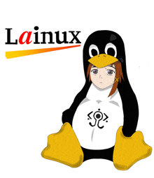 a girl dressed as a penguin with the word lainux behind it