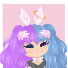 a drawing of a girl with blue and purple hair