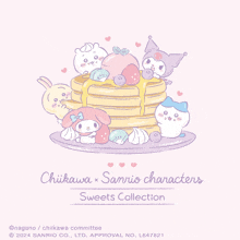 chikawa x sanrio characters sweets collection poster with a stack of pancakes