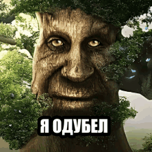 a picture of a tree with a face on it with russian writing