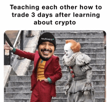 a meme about teaching each other how to trade 3 days after learning about crypto with joker and clown