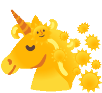 an illustration of a yellow unicorn with a smiling sun on its head