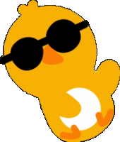 a cartoon chicken wearing sunglasses has a white crescent moon on its back