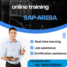 a man is holding a book and a pen in front of a screen that says online training sap ariba