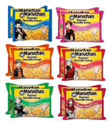 six different flavors of maruchan ramen noodle soup are displayed