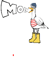 a cartoon seagull wearing a hat and yellow boots