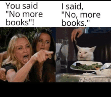 a woman is pointing at a cat while another woman says " no more books " .