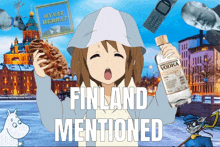 a cartoon girl holding a bottle of finland mentioned vodka