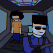 a cartoon of a man driving a car and a man standing in the back .