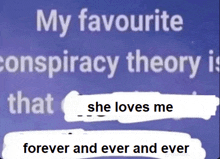 a blue background with white text that says my favourite conspiracy theory is that she loves me forever and ever and ever