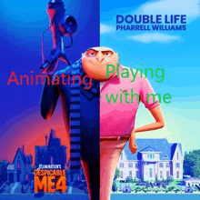 a movie poster for despicable me 4 shows a man in a pink shirt standing in front of a house .