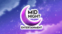 a logo for mid night entertainment with a purple crescent moon on a purple background