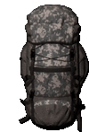 a large backpack with a camouflage pattern on it is sitting on a white surface .