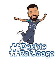 a cartoon of a man jumping in the air with the words #dekhte #rehjaage below him