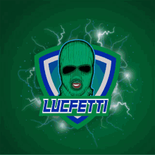 a green and blue logo for lucfetti with a green mask