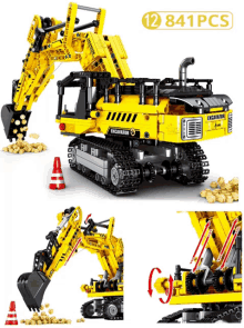 a yellow excavator with 841 pieces of lego on a white background