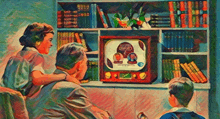 a painting of a family sitting in front of a television that says ' flat screen ' on it