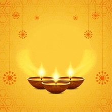 three lit candles on a yellow background with flowers