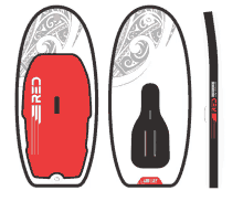 a red and white surfboard with a black paddle