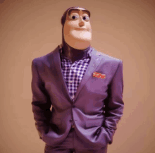 a toy story character wearing a purple suit and a plaid shirt