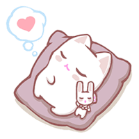 a cartoon cat is sleeping on a pillow with a stuffed bunny and a heart in a thought bubble