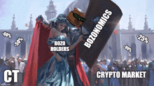 a woman in a blue dress is holding a shield with bozonomics written on it