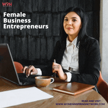 a woman is sitting at a desk with a laptop and a cup of coffee with the words female business entrepreneurs behind her