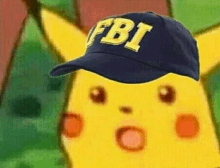 a cartoon pikachu is wearing a fbi hat and looking surprised .