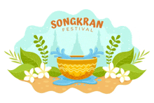 an illustration of a songkran festival with a bowl of water