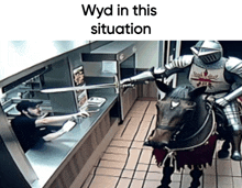 a picture of a knight on a horse with the words " wyd in this situation " above him