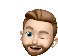 a cartoon man with a beard and ear buds is smiling