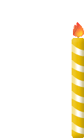 a yellow and white striped birthday candle with a red flame on top