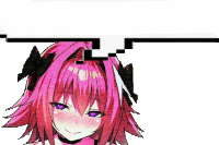 a girl with pink hair and purple eyes is smiling