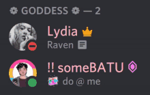 a screenshot of a chat with lydia raven and some batu