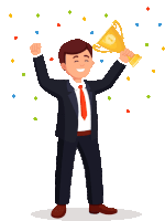 a man in a suit and tie is holding up a gold trophy