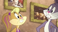 bugs bunny and lola bunny are standing next to each other in front of a wall .