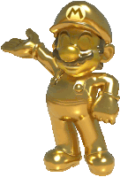 a golden statue of mario with a m on his hat