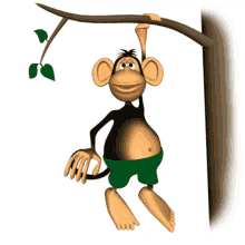 a cartoon monkey hanging from a tree branch with green shorts