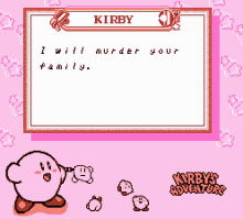 a screenshot of a video game called kirby 's adventures shows a message from kirby