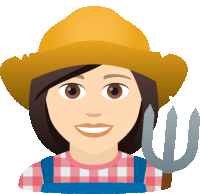 a woman wearing a straw hat and overalls holds a fork