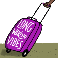 a purple suitcase with long weekend vibes written on it