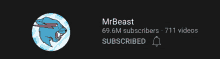 mrbeast has 69,6m subscribers and has 771 videos