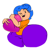 a cartoon girl with blue hair is holding a pink balloon .