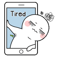 a cartoon character is tired and leaning against a phone .