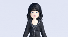 a girl with black hair and blue eyes wearing a black jacket