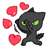 a black cat is surrounded by red hearts