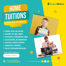 a poster for home tuitions for kg-12th all subjects