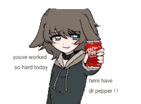 a pixel art of a girl holding up a dr pepper can