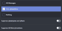 a screenshot of a screen that says all messages only mentions suppress everyone and here