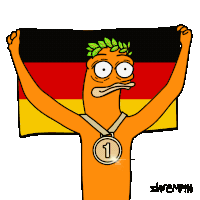 a cartoon of a man holding a german flag and a medal with the number 1 on it